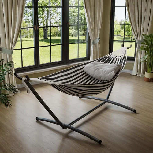 Vista 3 de GarveeLife Hamaca doble para 2 personas, hamaca de pie para interiores y exteriores con soporte de acero que ahorra espacio, bolsa de transporte