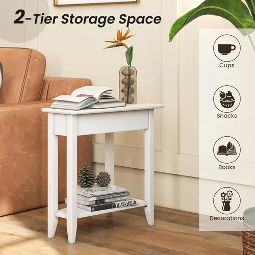 Vista 4 de GOFLAME Mesa auxiliar de cuña de 2 niveles, mesa auxiliar triangular estrecha con estante de almacenamiento, patas de madera maciza, mesita