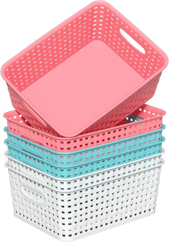 Vista 7 de Cestas de almacenamiento de plástico coloridas, cesta de tejido de plástico, 6 paquetes (rosa, azul y blanco)