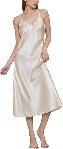 Vista 11 de Camisón de satén para mujer, vestido largo para dormir, camisones de seda con cuello en V Un negro