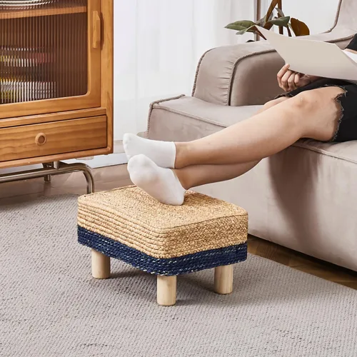 Vista 2 de Cpintltr Taburete otomano rectangular, reposapiés, otomano, reposapiés natural de algas marinas con patas de madera, taburete tejido a mano