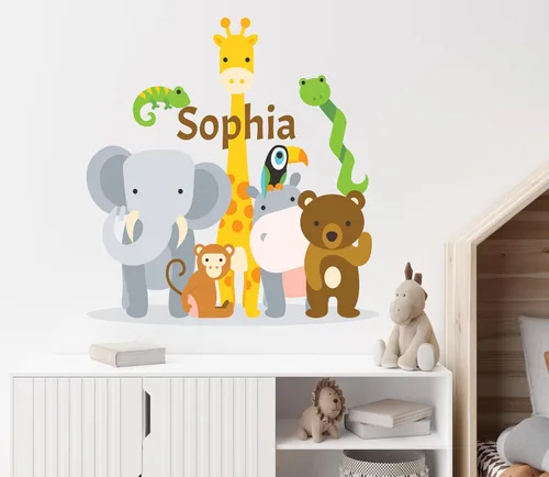 Vista 2 de Calcomanía de pared con nombre personalizado de animales de la selva, diseño de animales del zoológico de safari para bebé, calcomanía de pared