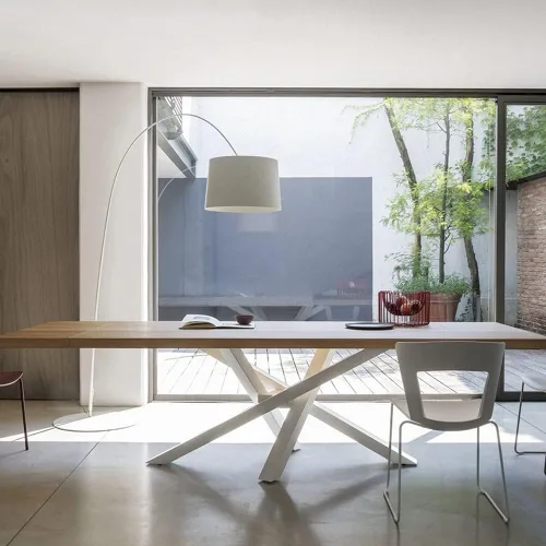 Vista 4 de Mesa de comedor moderna con parte superior de madera maciza de pino, mesa rectangular con pedestal contemporánea con base metálica para el hogar