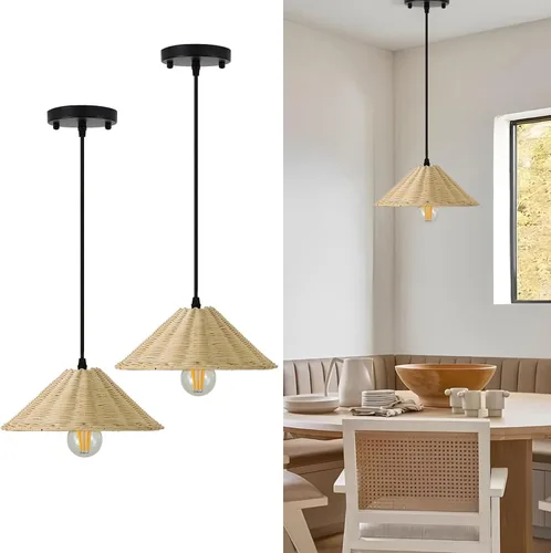 Vista 10 de 1 lámpara colgante de bambú tejida a mano, estilo bohemio, elegante, cordón ajustable, ratán de bambú, lámpara colgante de techo para comedor, bar