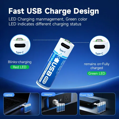Vista 2 de Paquete de 4 baterías recargables de litio AA, batería doble AA de 1.5 V 4200 mWh con cable de carga USB-C, más de 2000 ciclos, carga rápida