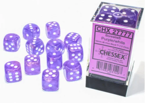 Vista 2 de Chessex Borealis 27777 - Bloque de dados luminosos de 0.630 in d6 morado/blanco (12 dados)