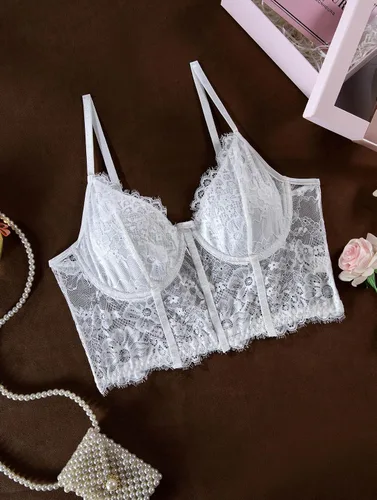 Vista 5 de Lilosy Top corto corto de línea larga de encaje floral sexy