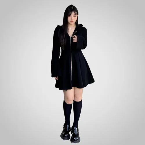 Vista 6 de MLAFE Vestido negro con capucha gótico para otoño e invierno, vestido de suéter con capucha, manga para muñeca, vestido ajustado Harajuku