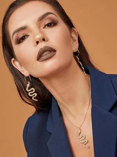 Vista 7 de Balirek Aretes y collar de serpiente chapados en oro de 14 quilates, aretes colgantes personalizados, diseño de animales punk, hipoalergénicos