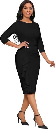 Vista 4 de Yajedo - Vestidos de iglesia para mujer, diseño clásico de manga 34, entallado, con volantes, vestido tubo de largo por debajo de la rodilla