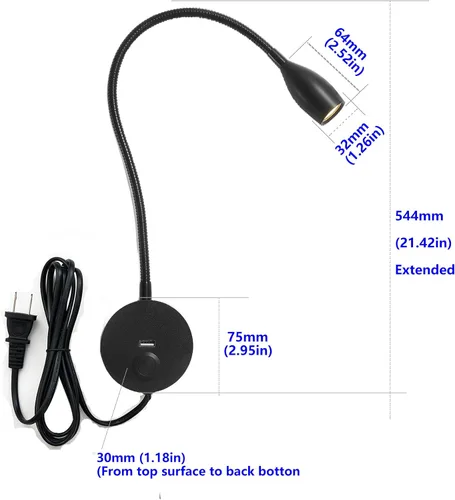 Vista 5 de Luz LED de lectura de pared con puerto de carga USB, interruptor regulable táctil, lámpara de noche de cuello de cisne, brazo flexible, 3 W