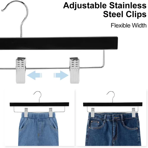 Vista 3 de AMKUFO 20 piezas de perchas de madera para pantalones, perchas sólidas para pantalones con clips ajustables de 14 pulgadas, perchas de madera negra