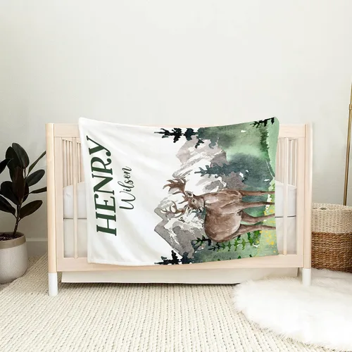 Vista 8 de Manta personalizada de ciervo alpino para bebé, manta personalizada para el cuarto de bebé, manta de vellón suave para la vida silvestre, ropa