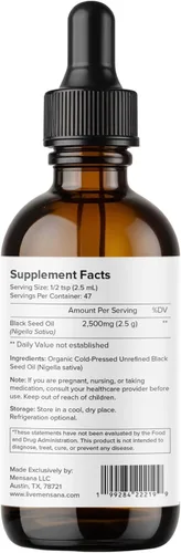 Vista 2 de MENSANA, Aceite de semilla negra (4 onzas – 47 porciones) – Virgen Nigella Sativa prensada en frío – Aceite de bienestar 100% orgánico, sin OMG