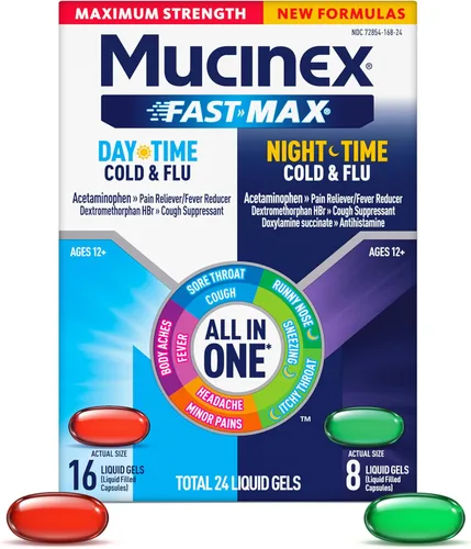 Vista 13 de Mucinex Fast-Max de máxima potencia para resfriado y gripe de día y noche para adultos, poderoso medicamento de venta libre para síntomas