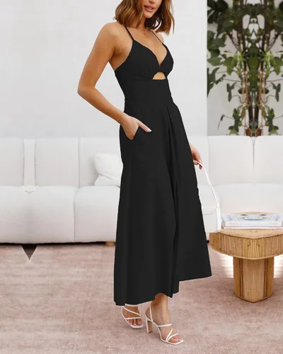 Vista 3 de BTFBM Vestido de verano 2023 con tirantes delgados, sin mangas, cuello en V, abertura, casual, playa, fiesta, maxi vestidos con bolsillos