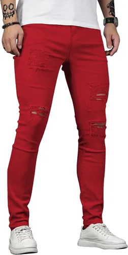 Vista 2 de HUNGSON Men's Blue Slim Fit Jeans Stretch Destroyed Ripped Skinny Jeans Side Striped Denim Pants