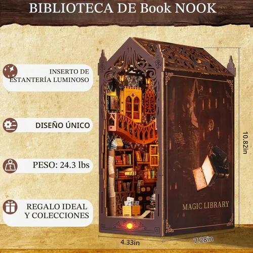 Vista 4 de Kit de rincón de libros de bricolaje: estante de rompecabezas de madera 3D con luz LED, decoración de sujetalibros en miniatura para adultos