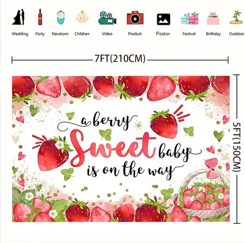 Vista 8 de Fondo de pantalla rosa de fresa para baby shower, fruta fresca y puntos dorados, papel tapiz fotográfico para niña, baby shower, decoración