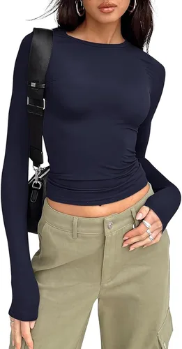Vista 19 de Blusa corta básica casual para mujer, ajustada, manga larga, cuello redondo, color sólido, para otoño, camiseta ajustada Albaricoque