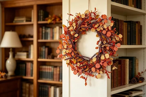 Vista 9 de Corona de otoño de 20 pulgadas para puerta delantera, decoración de otoño con hojas de eucalipto naranja, coronas rústicas de cosecha de Acción