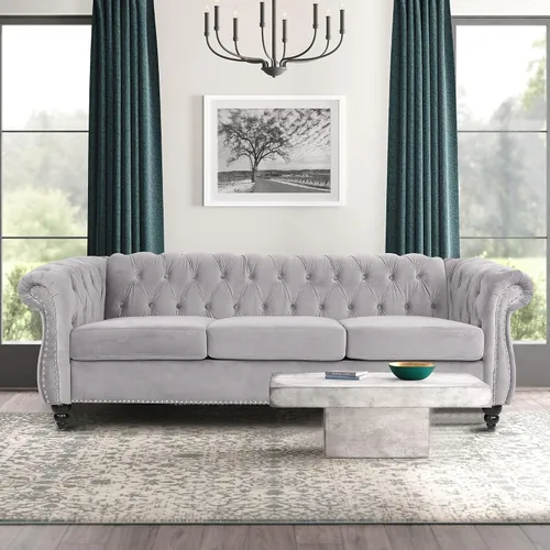 Vista 6 de ORRD Sofá Chesterfield, moderno sofá de terciopelo copetudo de 3 plazas con brazos de desplazamiento y cabeza de clavos para sala de estar