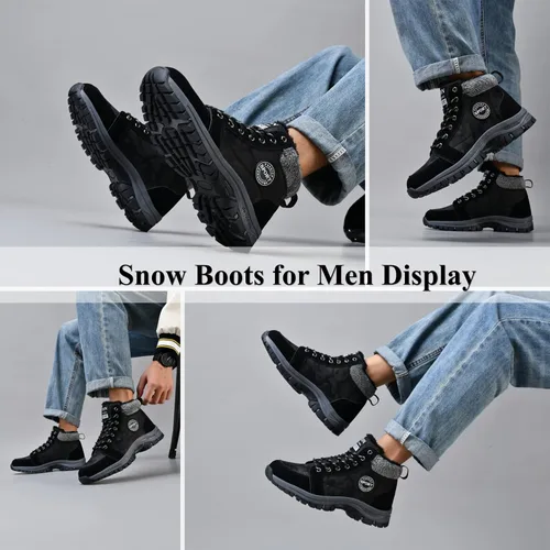 Vista 5 de Qiucdzi Botas de nieve de invierno para hombre, con forro de piel cálida, antideslizantes, para exteriores, zapatos de trekking antideslizantes