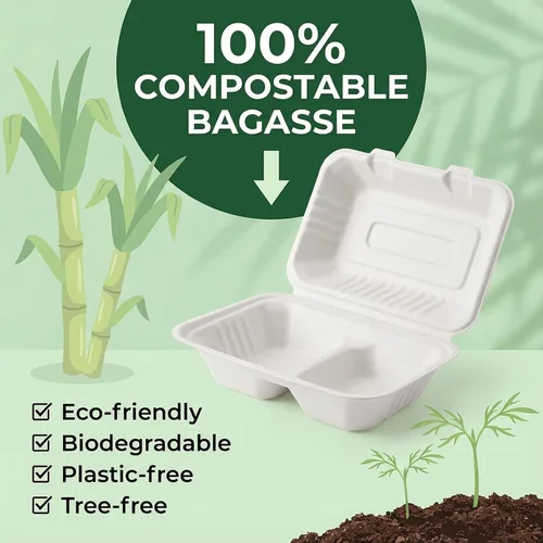 Vista 5 de Elsjoy Paquete de 90 recipientes para llevar con 2 compartimentos, contenedores de alimentos compostables con bisagras de 9 x 6 pulgadas, cajas