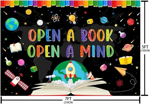 Vista 5 de AIBIIN Telón de fondo para fotografía del Día Mundial del Libro de 7 x 5 pies para fotografía Abrir un libro Abrir una mente Niños Estudiantes Aula