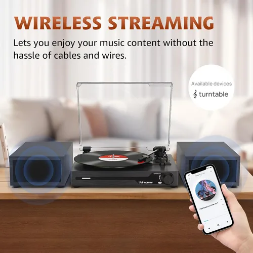 Vista 2 de Reproductor de discos de vinilo con altavoces, tocadiscos portátil Bluetooth para discos de vinilo, fonógrafo LP con reproductor de 3 velocidades