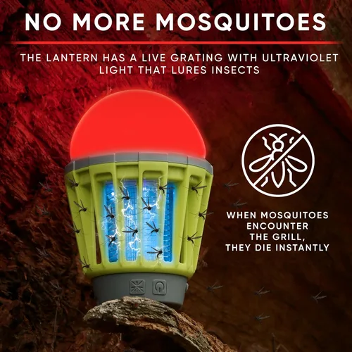 Vista 5 de Linterna de camping con protección contra mosquitos 220 lúmenes Batería recargable, carga USB tipo C Impermeable IP67 Luz blanca y roja