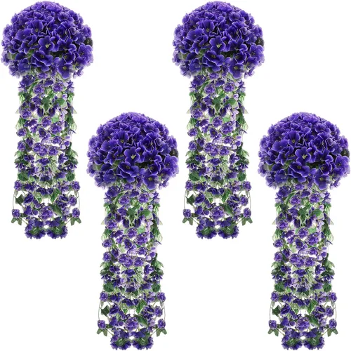 Vista 8 de XunYee Paquete de 4 flores artificiales colgantes para exteriores, plantas colgantes falsas de 5 pétalos de seda violeta, plantas de simulación