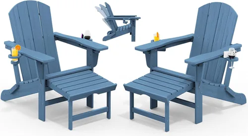 Vista 29 de KINGYES Silla Adirondack plegable ajustable con otomana y 2 portavasos, silla reclinable Adirondack HDPE con reposapiés, Aruba