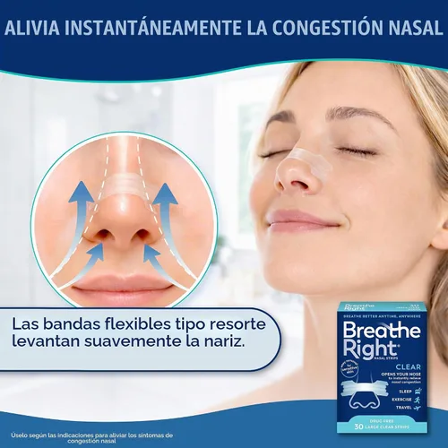 Vista 2 de Breathe Right Tiras nasales transparentes grandes, 30 unidades (el embalaje puede variar) Opens nose and increases nasal airflow, helps reduce