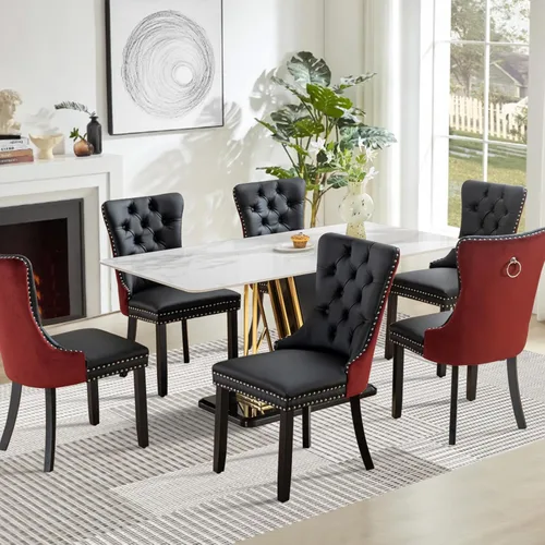 Vista 87 de Juego de 2 sillas de comedor tapizadas de tela de lino, sillas de cocina modernas de mediados de siglo con respaldo alto, ribete de cabeza de clavo