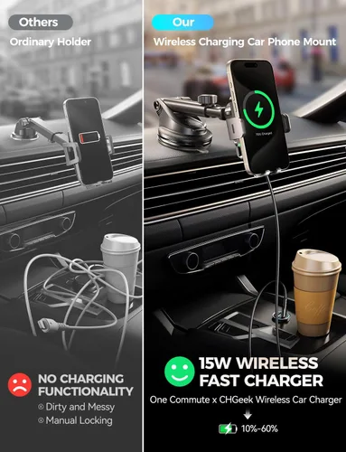 Vista 3 de Cargador inalámbrico de coche con soporte para teléfono, soporte de teléfono de carga rápida de 15 W, soporte de teléfono con abrazadera automática