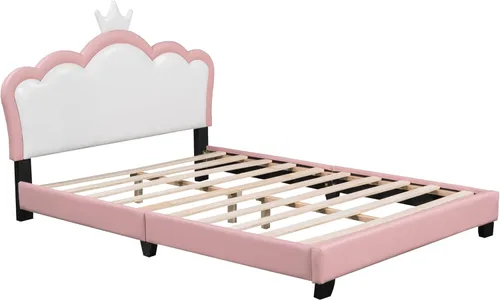 Vista 5 de Cama de princesa rosa con cabecera corona, cama de plataforma tamaño matrimonial, tapizada, no necesita somier