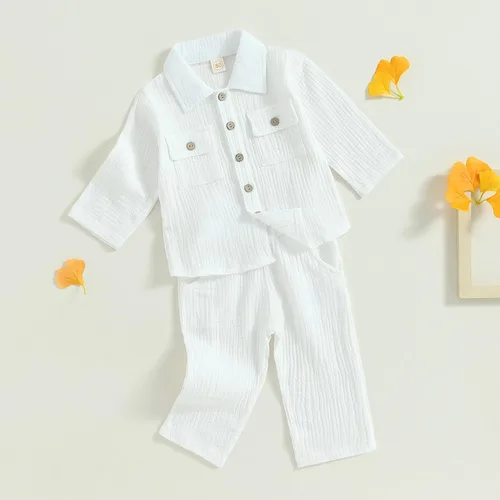 Vista 3 de Conjunto de 2 piezas de ropa de algodón y lino de manga larga con botones y pantalones de cintura elástica para bebé niño y niña