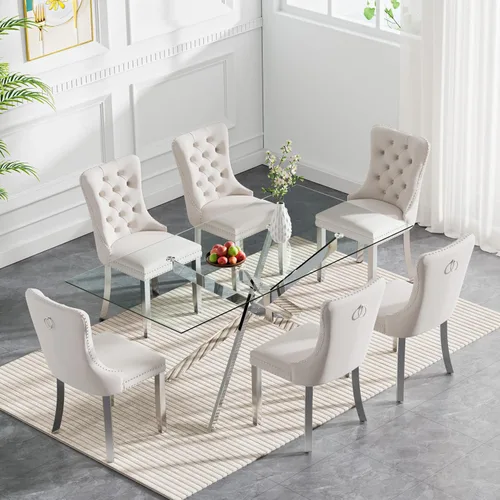 Vista 25 de Juego de mesa de comedor de cristal plateado moderno de 47 pulgadas para 2, juego de mesa de comedor de cocina redonda de 3 piezas con patas