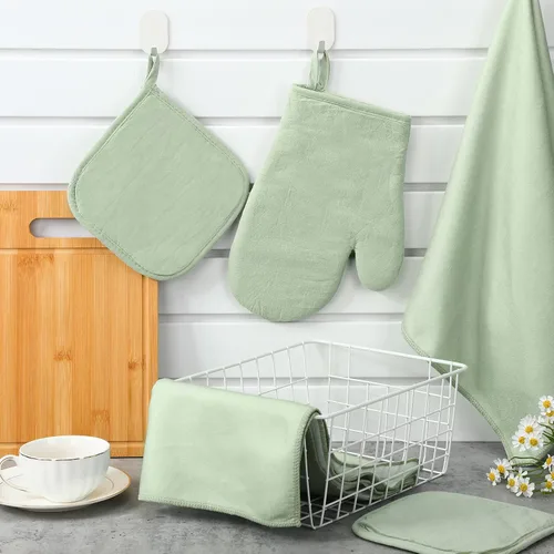 Vista 4 de Rtteri Juego de 5 manoplas de horno verdes para ollas y toallas de cocina, 1 guante de horno de cocina y 2 paños de cocina, 2 agarraderas verdes