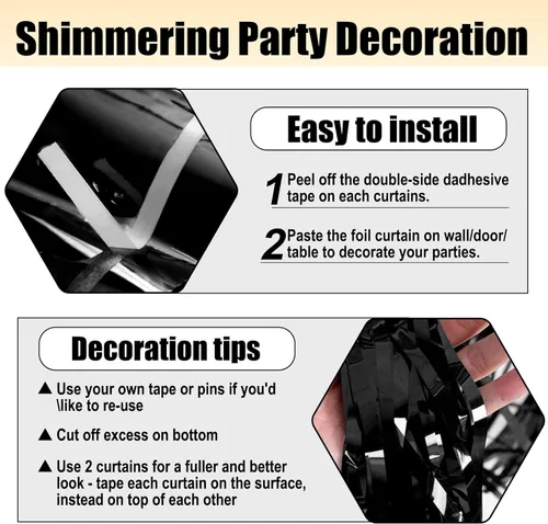 Vista 3 de Paquete de 3 cortinas de flecos de papel de aluminio negro, 3.28 pies x 8.2 pies, cortinas metálicas de oropel con flecos para cabina de fotos