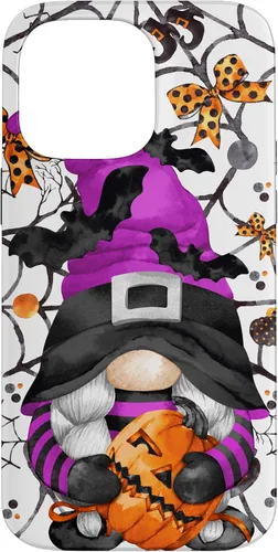 Vista 21 de iPhone 16 Lindo gnomo de Halloween para mujeres y bruja púrpura Witchy Boo Case