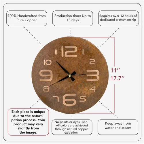 Vista 3 de Reloj de pared de cobre puro hecho a mano para decoración del hogar, reloj decorativo para sala de estar, dormitorio y cocina, arte mural decorativo