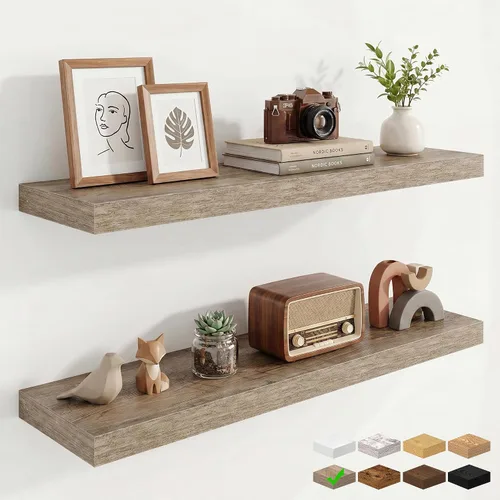 Vista 104 de Marsmiles 12in Depth Floating Shelves, 12x12x1.4, Rustic Brown, Set of 3 Marrón rústico