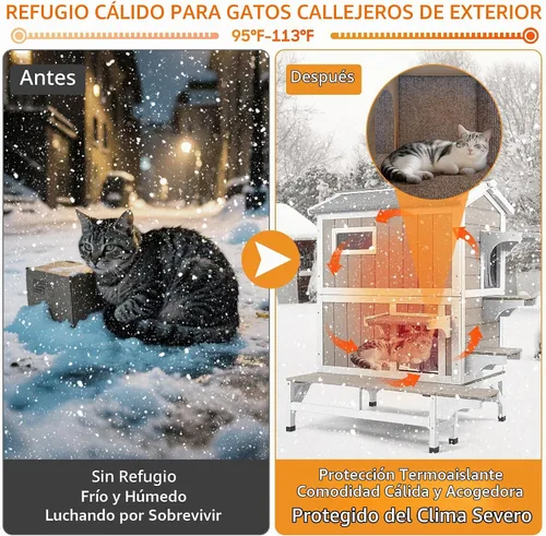 Vista 5 de PetsCosset Casa Aislada para Gatos de Exterior Resistente a la Intemperie con Balcón, Aislamiento Integral, Refugio de Madera para Gatos Ferales