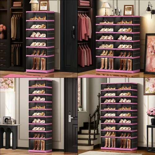 Vista 5 de CIMLORD Zapatero plegable ancho de 6 niveles con puertas para 24 pares, negro-rosa Zapatero grande plegable para 24 pares, se pliega compacto.
