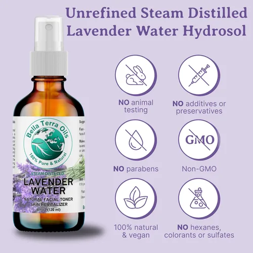 Vista 3 de Bella Terra Oils Hidrosol de agua de lavanda de primera calidad, 1 galón, destilado al vapor, tónico refrescante para la piel, aroma relajante