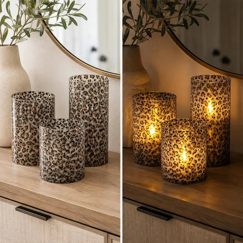Vista 8 de Mark Feldstein - Velas LED de cristal con estampado de leopardo, juego de 3