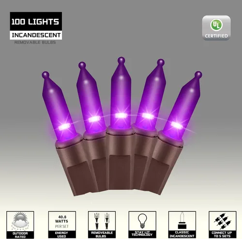 Vista 2 de Juego de 100 luces moradas extra brillantes con conectores finales, luces decorativas de Halloween, 19.6 ft, certificación UL, mini tira de luces