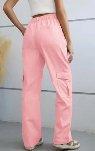 Vista 6 de QUEZHU Pantalones cargo para mujer, holgados, cintura elástica, pantalones de paracaídas, ajuste relajado, pantalones militares casuales